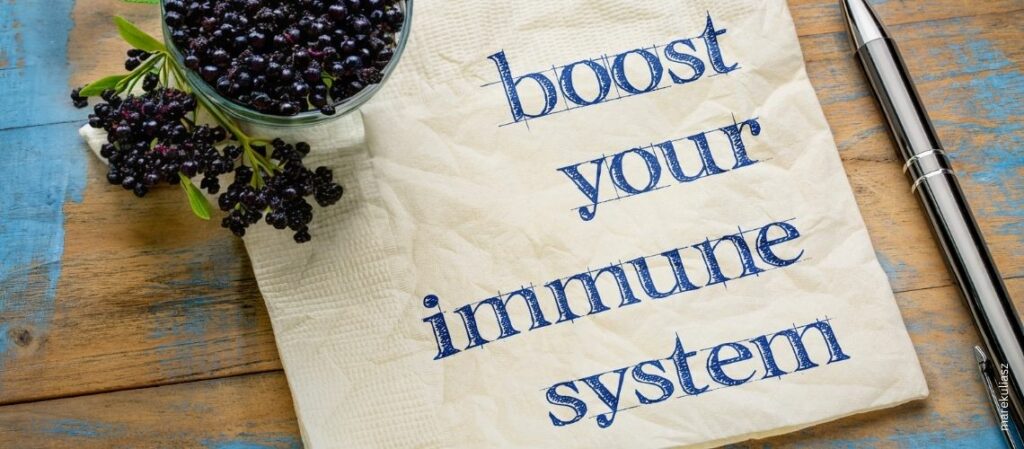 Serviette auf Holz mit der Aufschrift "boost your Immune system" mit einem Glas getrockneter Holunderbeeren zum Thema Immunboost mit Holunder