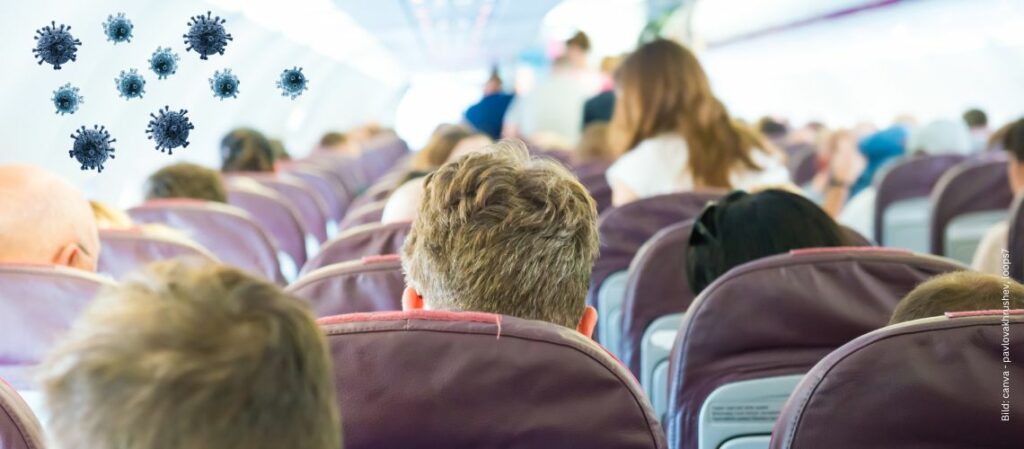 Flugreisende mit Viren zum Thema Erkältung nach dem Flug mit Holunder behandeln oder vorbeugen